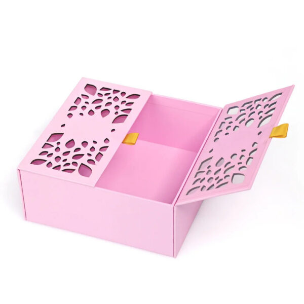 Pink Double Door Rigid Gift Box with Laser-Cut Leaf Lids